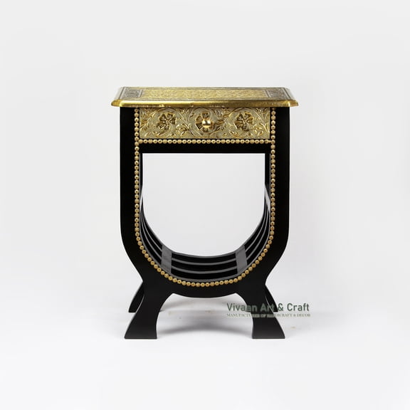 Wooden Brass Fitted U Stool with One Drawer/ Wooden Handicraft Home Decor/ Bedside Table/ Wooden Nightstand