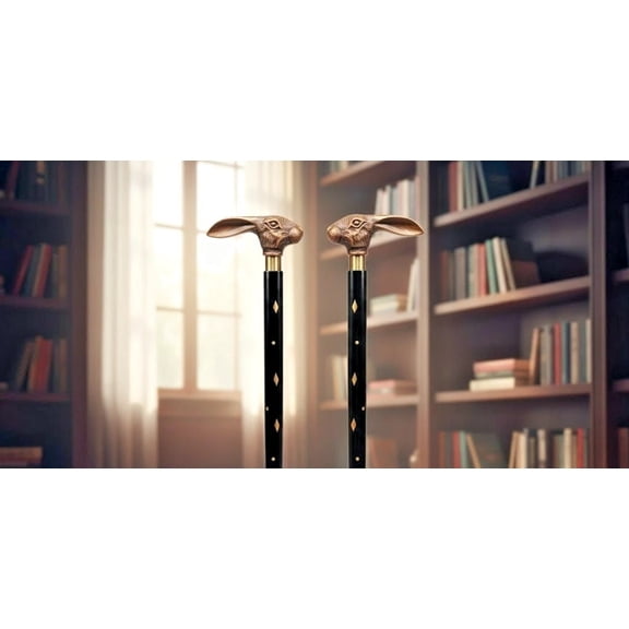 Wooden Brass Rabbit Handle Vintage Walking Stick for Adults, 2 Count