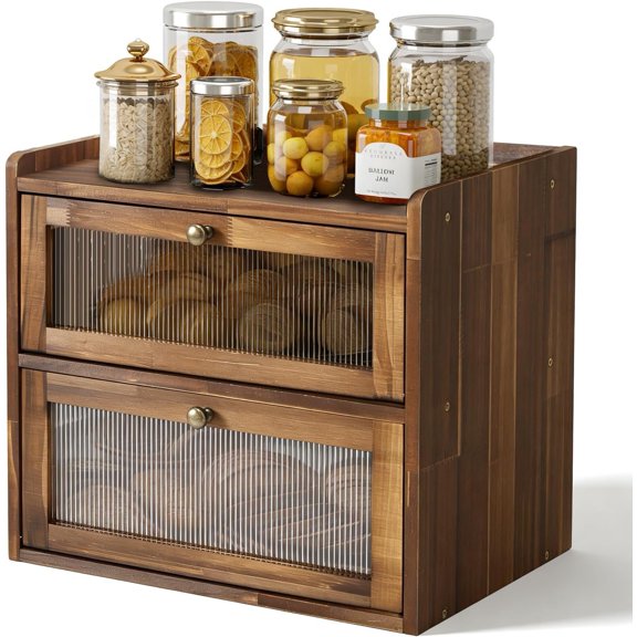 Wooden Bread Box 2 Layer Fluted Drawer Bread Storage Kitchen