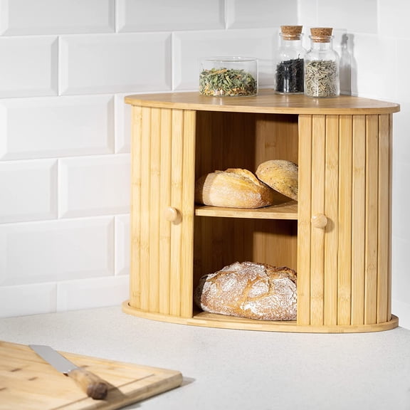 Wooden Bread Box - Countertop Kitchen Corner Bread Bun Farmhouse Loaf Bagel Wood Container with Sliding Doors - Corner Wood Breadbox