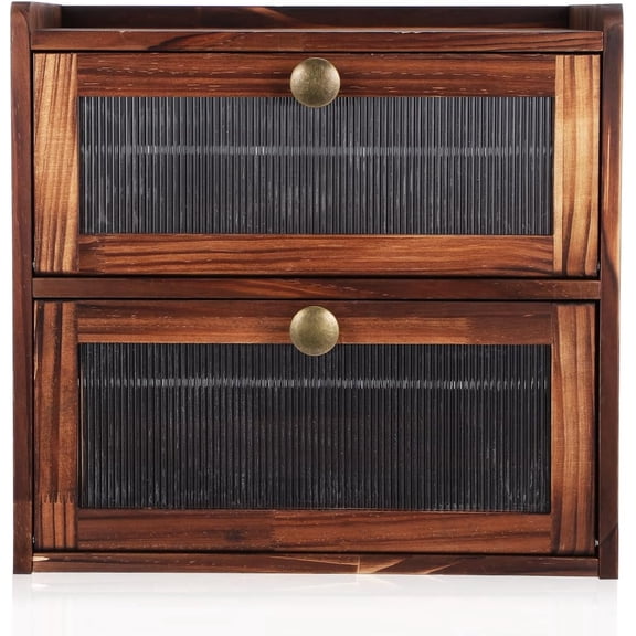 Wooden Bread Box Double Layer with Ventilated Acrylic Window - Rustic Farmhouse Kitchen Countertop Storage Organizer for Fresh Bread Pastries and Condiments