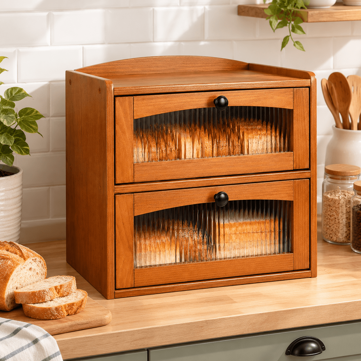 Wooden Bread Box For Kitchen Countertop 2-tier Storwith Window ...
