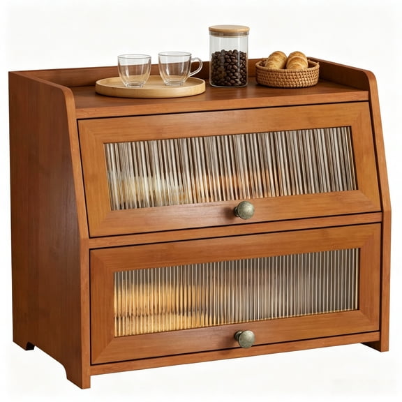 Wooden Bread Box For Kitchen Countertop Dark Wood Storage Container Homemade 2 Tier Roll Top Breadbox Holder Keeper Sourdough Loaf (walnut Brown)