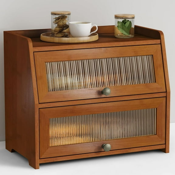 Wooden Bread Box for Kitchen Countertop, Dark Wood Bread Storage Container for Homemade Bread, 2 Tier Roll Top Breadbox Holder Keeper for Sourdough Loaf Storage (Walnut Brown)