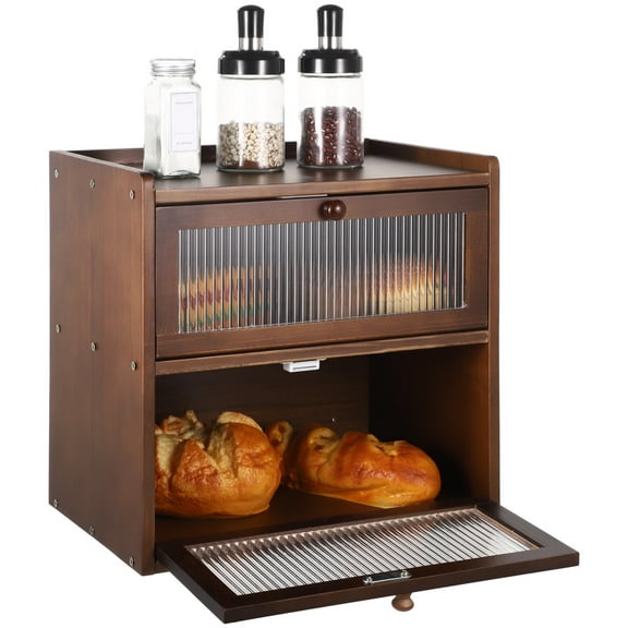 Wooden Bread Box for Kitchen Countertop, Large 2 Tier Bread Storage Organizer, Farmhouse Breadbox with Wave Acrylic Doors, Rustic Bread Keeper for Loaf, Bagel, Snack, Pantry Organization