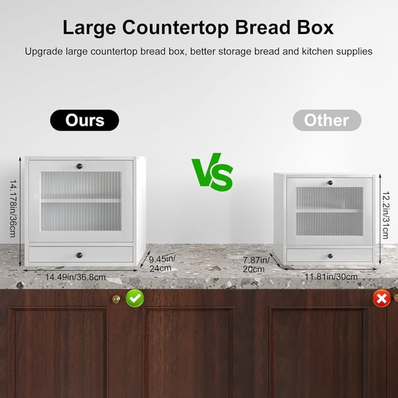 Wooden Bread Box for Kitchen Countertop, Large Capacity with Ventilation Holes Adjustable Tiered-Shelf, Vintage Farmhouse Breadbox with Drawer & Window, Longer Freshness, White