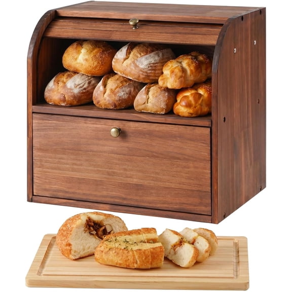 Wooden Bread Box for Kitchen Countertop, Roll Top Breadbox, Brown | Large Double Layer Pantry Container, Solid with Board, Homemade Sourdough Bin Cabinet,