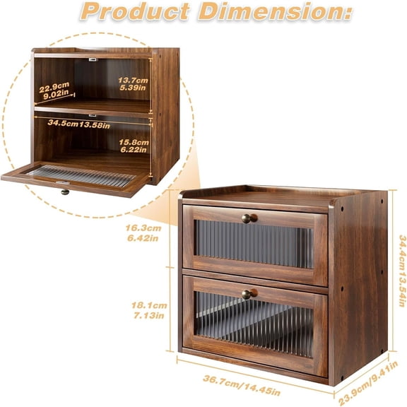 Wooden Bread Box with Vented Holes for Kitchen Countertop, Brown | Double Layer Large Breadbox, with Acrylic Window, Corner Pantry Sourdough Homemade Bread Storage Container, Vintage Farmhouse