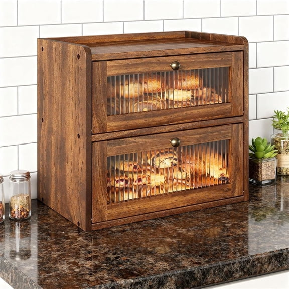Wooden Bread Box with Vented Holes for Kitchen Countertop, Brown | Double Layer Large Breadbox, with Acrylic Window, Corner Pantry Sourdough Homemade Bread Storage Container, Vintage Farmhouse