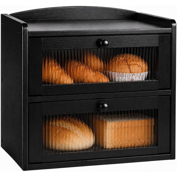 Wooden Bread Box for Kitchen Countertop, 2-Tier Large Bread Storage Box with Window, Bread Bin Organizer for Homemade Bread, Bagels & Pantry, Black