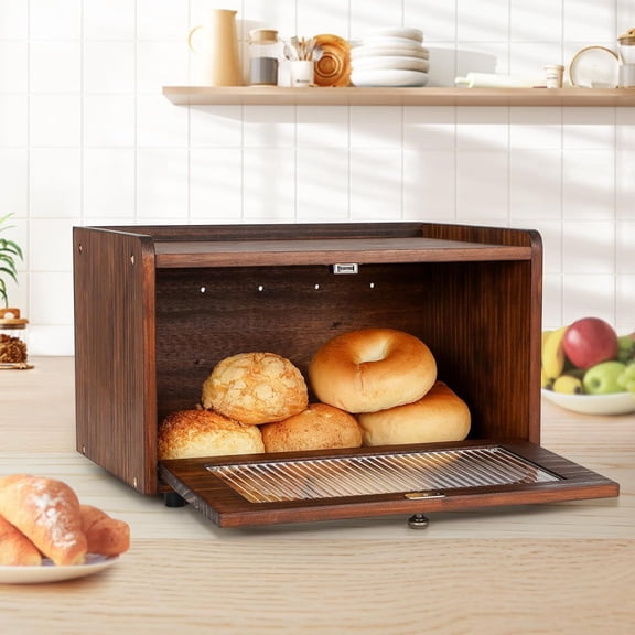 Wooden Bread Box with Acrylic Window - Rustic Kitchen Storage Container for Freshness