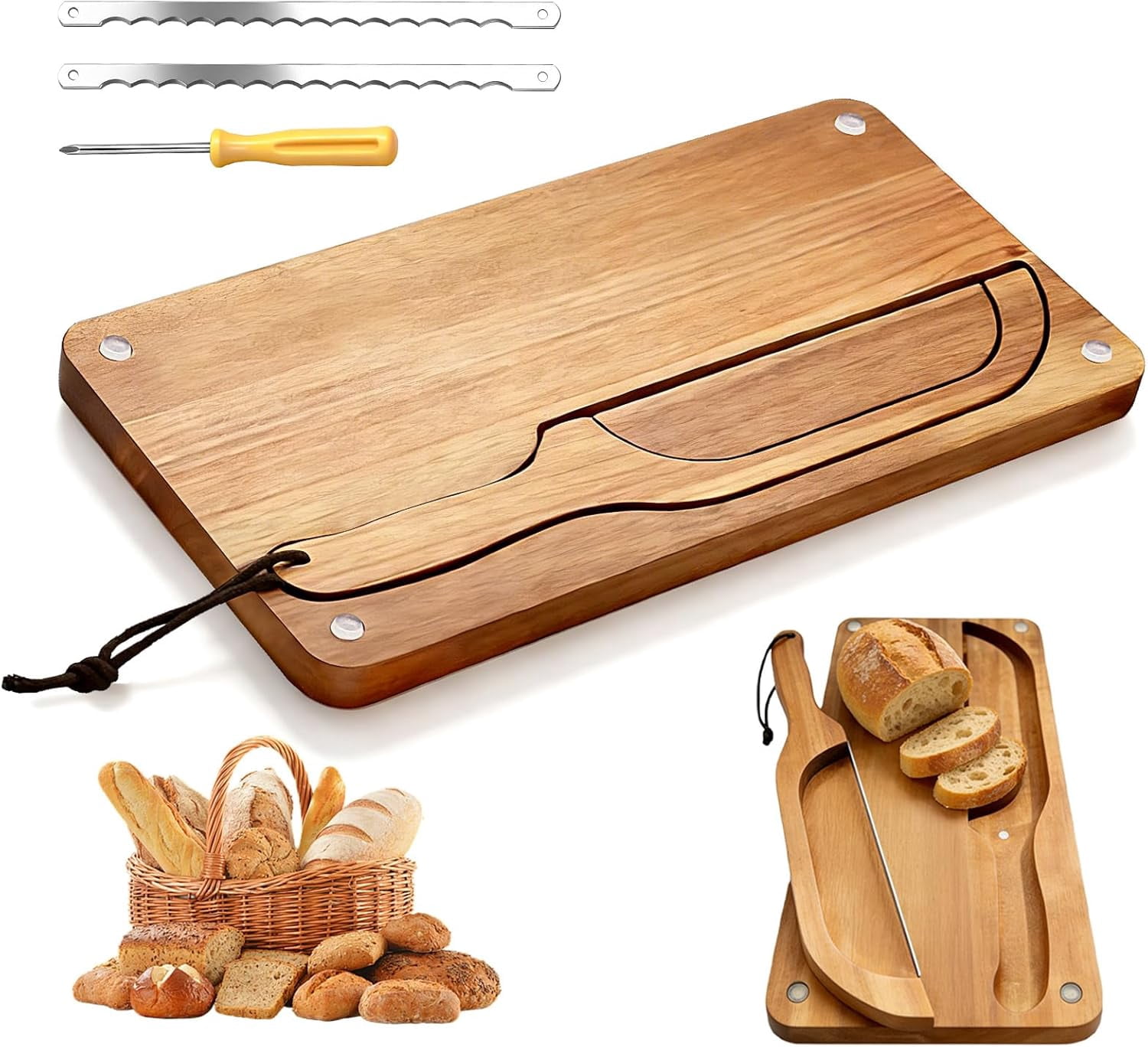 Wooden Bread Cutting Board with Bow Slicer Set, Includes 2 Stainless Steel Blades and Removable Knife for Slicing Homemade Sourdough, Baguettes Artisan