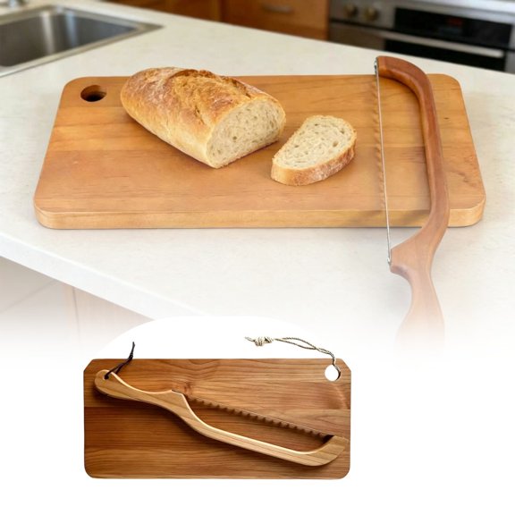 Wooden Bread Slicer Knife and Cutting Board Set, Compact Serrated Bread Knife with Storage, Space Saving Portable Design for Toast Bagel, Small Kitchen RV Camping Picnic, Natural Wood