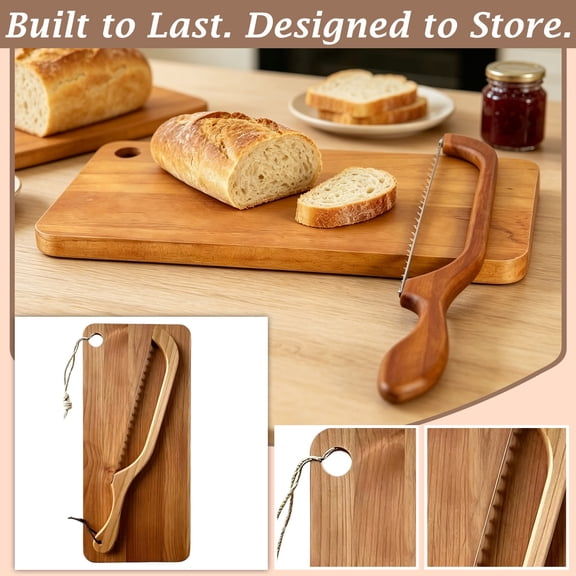 Wooden Bread Slicer with Cutting Board, Portable Serrated Knife Set for Toast Bagels, Space Saving Kitchen Tool for Camping RV Dorm, Natural Wood
