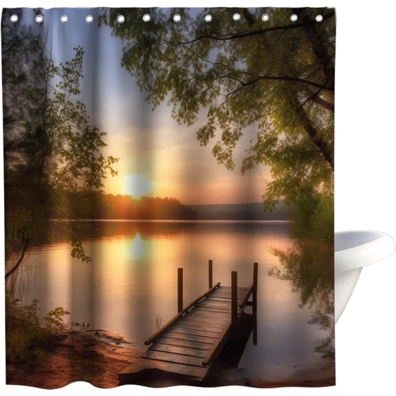 Wooden Bridge Fishing Man Sunset Scenery Theme Fabric Rustic Shower Curtain Sets Ocean Bathroom Decor with Hooks Waterproof Washable Yellow and Gold 72W x 72H inches