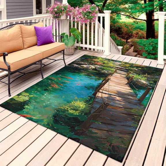 Wooden Bridge Pond Outdoor Rug for Patio/Deck/Porch, Non-Slip Large Area Rug 4 x 6 Ft, Spring Floral Fish Indoor Outdoor Rugs Washable Area Rugs, Reversible Camping Rug Carpet Runner