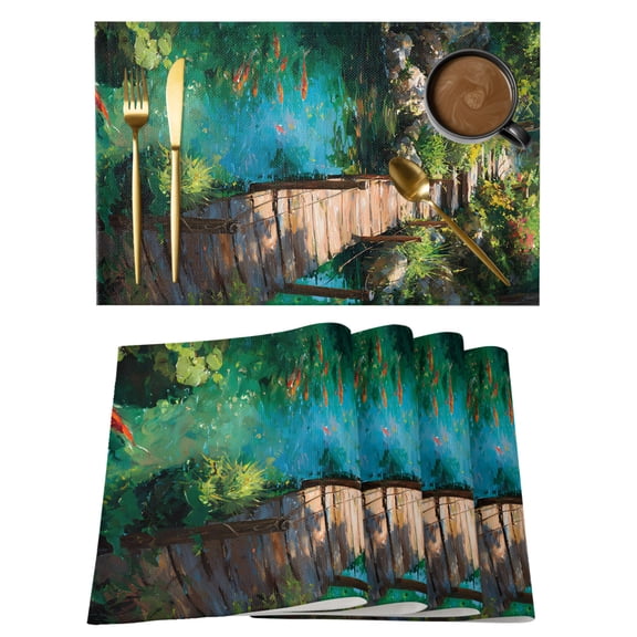 Wooden Bridge Pond Placemats Set of 4 Spring Floral Fish Place Mats Indoor Wipeable Table Mats Washable Cloth Dining Table Placemats for Kitchen Holiday Party Home Decor 13x19 Inch