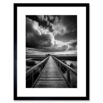 Wooden Bridge River Landscape Black and White Artwork Framed Wall Art Print 9X7 Inch