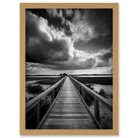 Wooden Bridge River Landscape Black and White Artwork Framed Wall Art Print A4