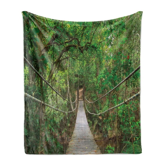 Wooden Bridge Soft Flannel Fleece Blanket, Thailand Khao Yai National Park Bridge to the Green Tones Jungle Nature Hike, Cozy Plush for Indoor and Outdoor Use, 50" x 70", Multicolor, by Ambesonne