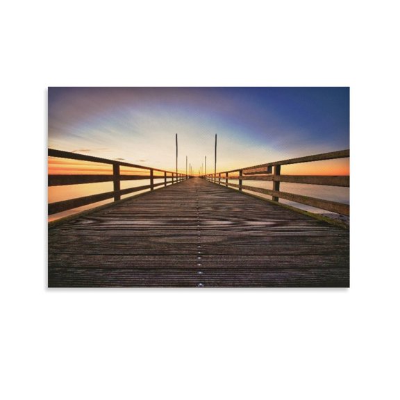 Wooden Bridge Sunrise Sea Poster Decorative Painting Canvas Wall Art Living Room Posters Bedroom Painting,Unframe-style,20x30inch(50x75cm)