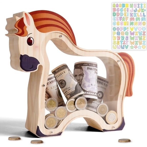 Wooden Brown Horse Piggy Bank for Kids, Unbreakable Brown Pony Coin Bank for Kids with Sticker, Wooden Toddler Money Jar Easter, Birthday Gifts for Boys Girls, Educational Toy for Boys Girls
