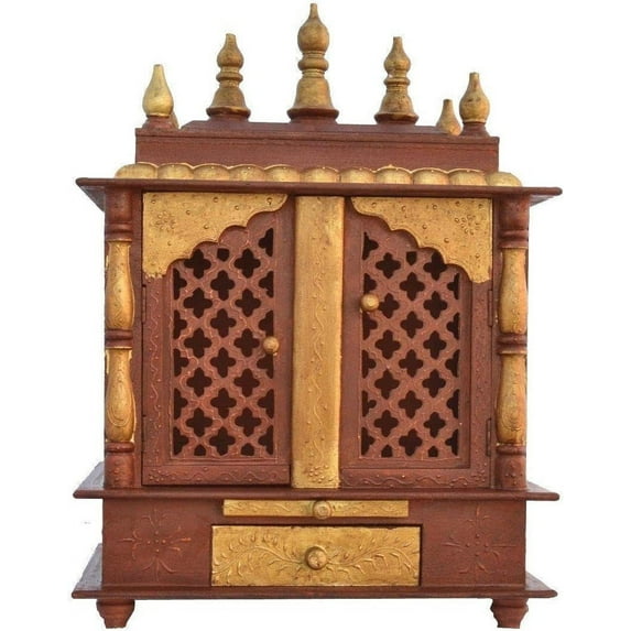 Wooden Brown Pooja MANDIR TEMPLE With Doors for Home And Office/ Prayer Room/ Mandap Pooja Ghar/ Handmade wall mount Hindu Temple for Pooja