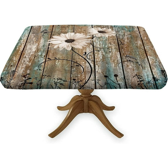 Wooden Brown Square Fitted Tablecloth, Wood Rustic Planks Barn Door Dust & Wrinkle Proof Elastic Edge Table Cover, for Spring Summer Fall Picnic Party Use, Fits to 30x30 in Table