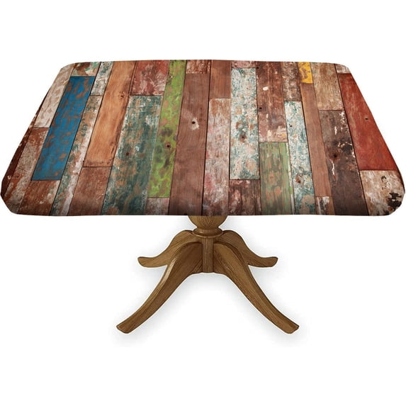 Wooden Brown Square Fitted Tablecloth, Wood Rustic Planks Barn Door Dust & Wrinkle Proof Elastic Edge Table Cover, for Spring Summer Fall Picnic Party Use, Fits to 30x30 in Table