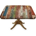 thumbnail image 1 of Wooden Brown Square Fitted Tablecloth, Wood Rustic Planks Barn Door Red Blue Grey Elastic Edge Table Cover, Dust & Wrinkle Proof Table Cloths for Spring Summer Picnic Party Use, Fits to 36x36 In Table, 1 of 6