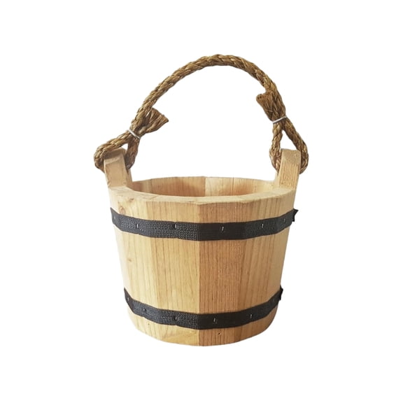 GOOD WOOD - Wooden Bucket 6" x 8" Water Wishing Well Pail with Rope Twine Handle Solid Wood Vintage Style Primitive Planter - Made in The USA