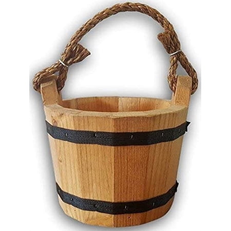 Wooden Bucket 8" x 10" Water Wishing Well Pail with Rope Twine Handle Solid Wood Vintage Style Primitive Planter Handmade in The USA