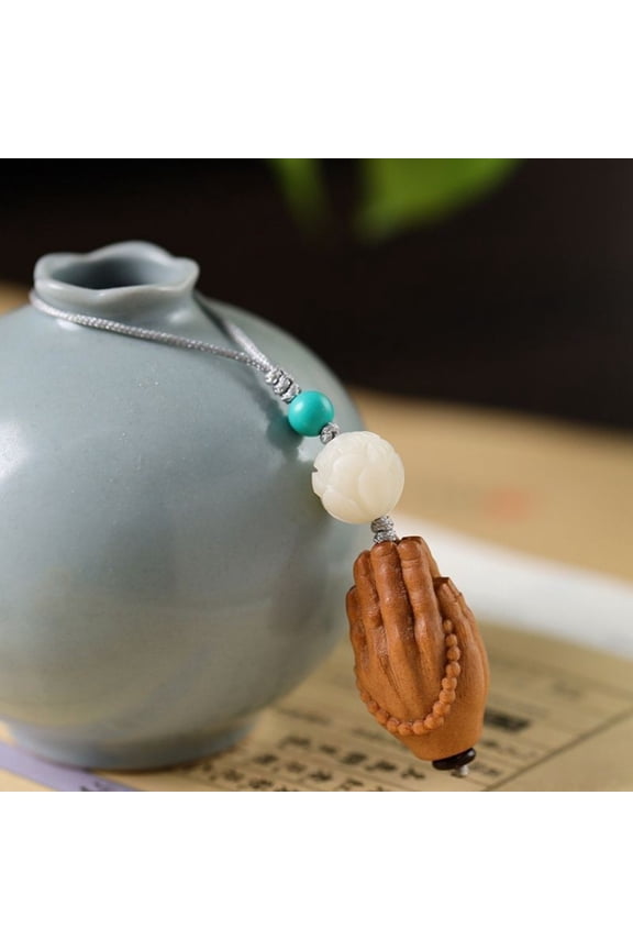 Wooden Buddha Hand Pendant Lotus Keychain Car Hanging Ornament Lucky Amulet Charm for Men and Women Spiritual Accessory