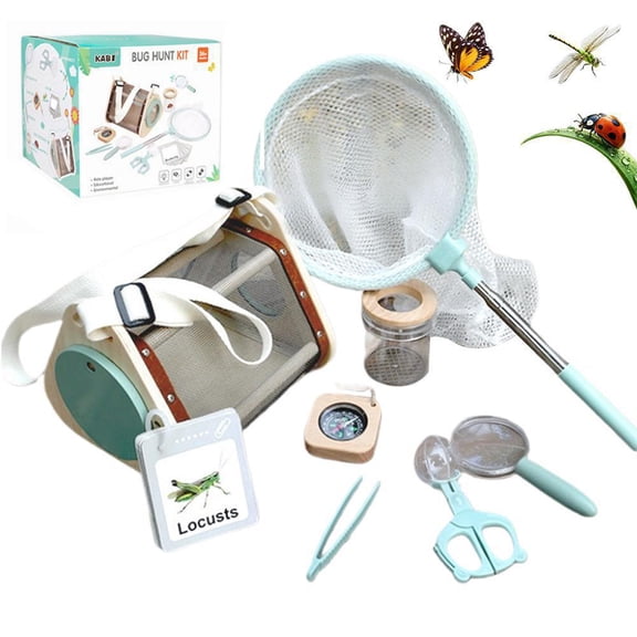Wooden Bug Catcher Kit for Kids Ages 3-8, 10-Piece Outdoor Explorer Gear with Bug Box & Net, STEM Nature Adventure Set for Backyard & Camping, Wood