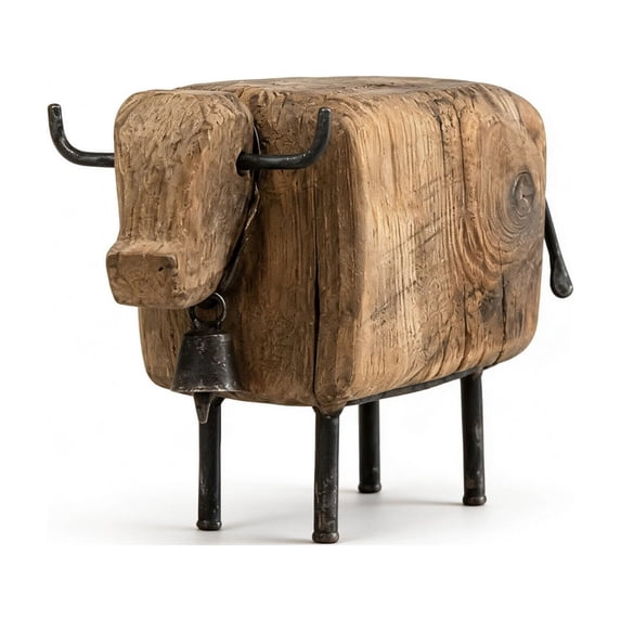 Wooden Bull Statue Decor, Hand Carved Cow Sculpture with Metal Legs and Vintage Finish, for Shelf Coffee Table Desk and Farmhouse Rustic Home Decor Gift