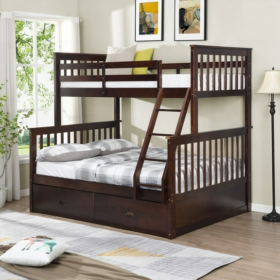 Wooden Bunk Bed - Twin Over Full with Storage & Safety - Espresso