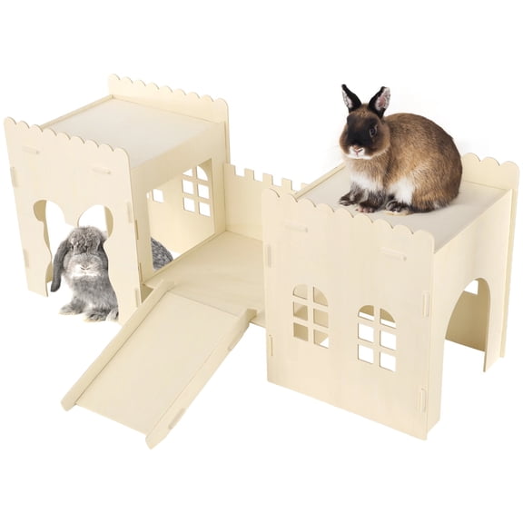 Wooden Bunny Castle House, 32 in Large Rabbit Hideout with 3 Rooms, Indoor Small Pet Playhouse, Hideout Ventilated Sturdy Habitat, Guinea Pig Climbing Tower for Chinchilla Ferret
