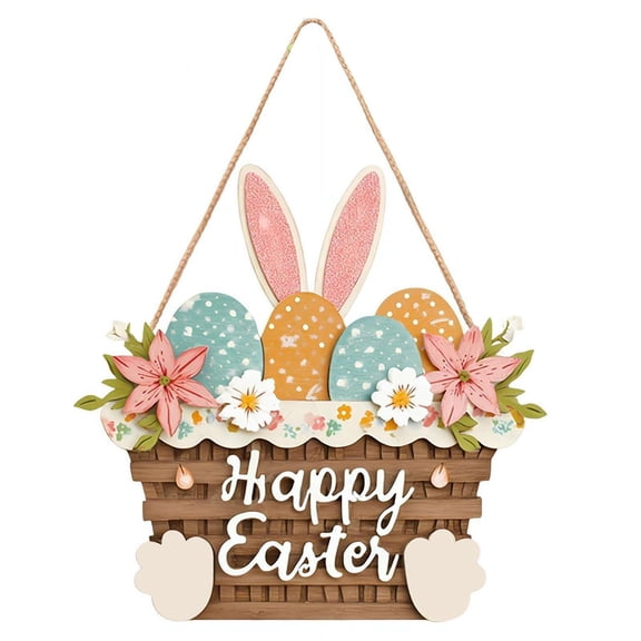 Wooden Bunny Easter Wreath for Front Door Decor, Wood Easter Bunny Door Sign, Spring Doors Sign Decoration, Home Outdoor Indoor Fireplace Window Wall Hanging Decoration