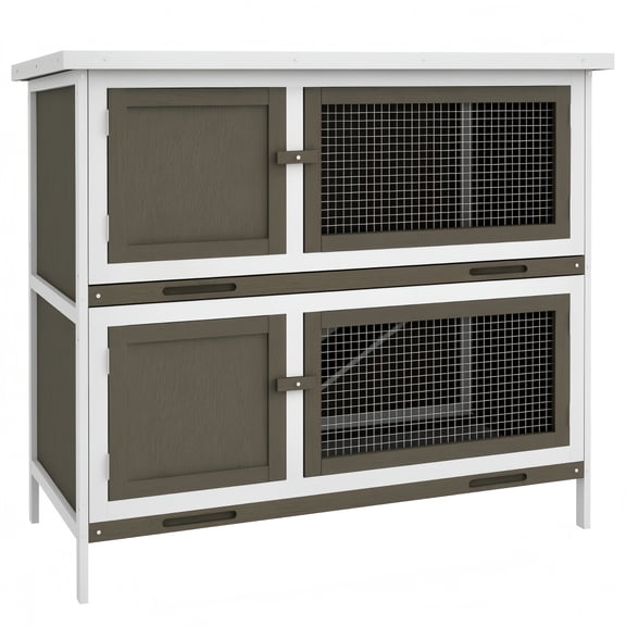 Wooden Bunny Hutch with Ramp – Indoor/Outdoor Rabbit Cage with 2 Main Houses & Asphalt Roof, Brown