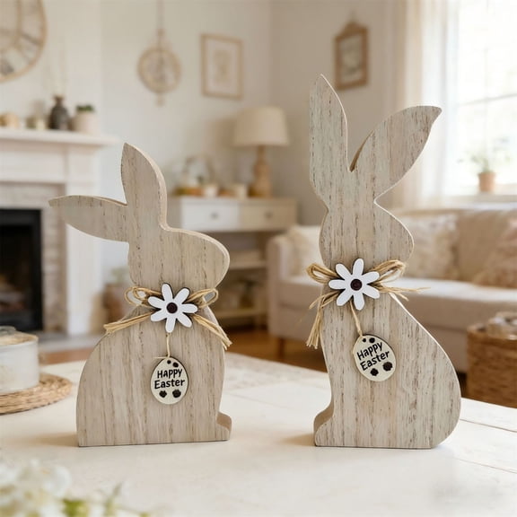 Wooden Bunny Rabbit Figurine Decorative Standing Ornament Rustic Style Easter Tabletop Decor for Home Office