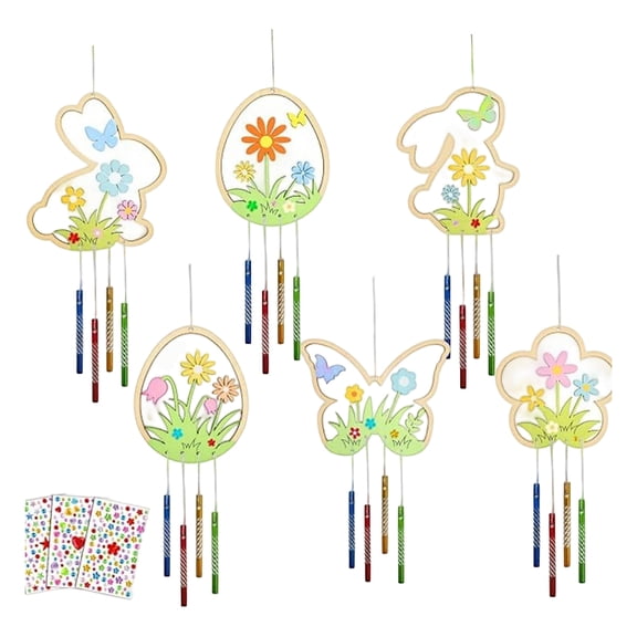 Wooden Bunny Wind Chime Craft Kit for Kids DIY Easter Rabbit Hanging Decoration with Wind Chime Tubes Stickers and Twine Suitable for Indoor Outdoor Craft Activities