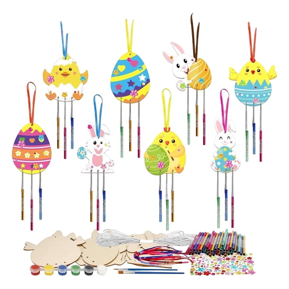 Wooden Bunny Wind Chime Craft Kit for Kids DIY Easter Rabbit Hanging Decoration with Wind Chime Tubes Stickers and Twine Suitable for Indoor Outdoor Craft Activities