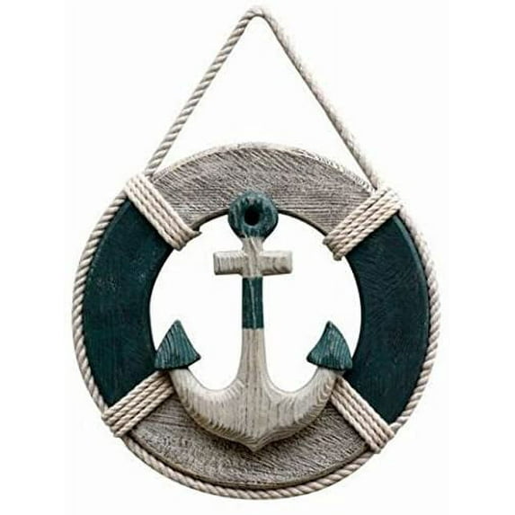 Wooden Buoyant Life Ring Wooden (Dark Green & Grey) - Rope & Anchor Motif - (16 Inches)
