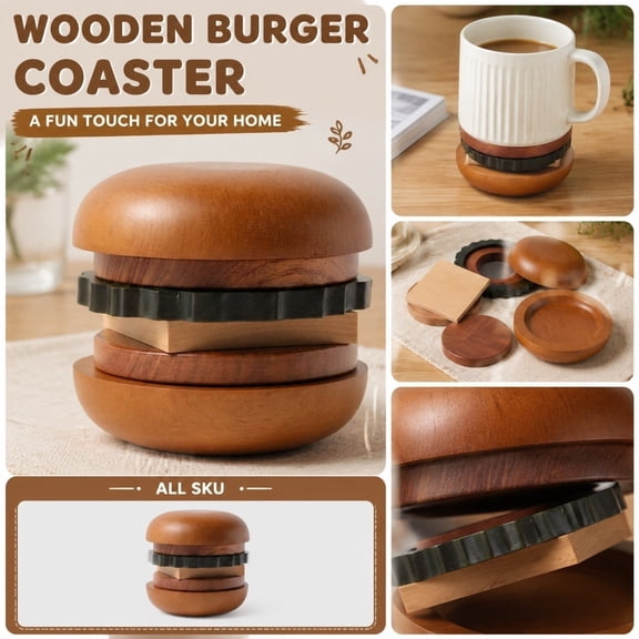 Wooden Burger Coaster, Heat Resistant Non Slip Wooden Drink Coaster Set, 1 Pack Cute Creative Desktop Decor for Home Kitchen Coffee Table Dining Room Housewarming Gift