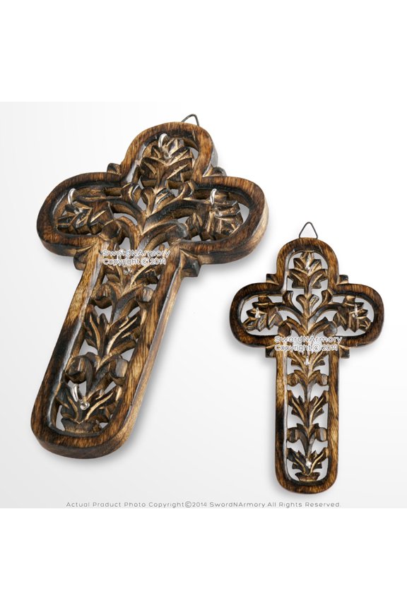 Wooden Burnt Antique Medieval Knight Cross Cutout Five Keychain Holder Rack Plaq