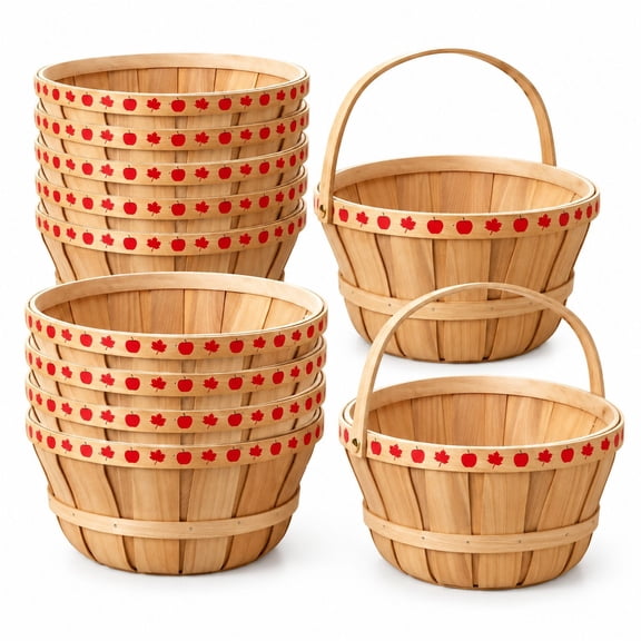 Wooden Bushel Baskets, 9 Pack, 12" x 5.2" Round Produce Baskets, Natural Wood Color, Farmhouse Fall Display and Storage Baskets