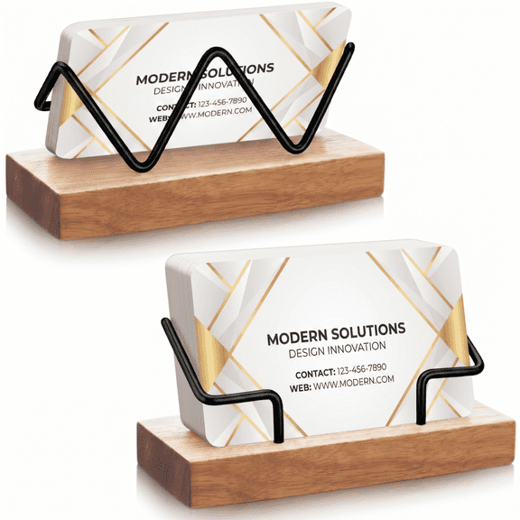 Wooden Business Card Holder for Desk, Wood & Metal Business Card Display Stand, Desktop Postcard Card Organizer for Office Home Reception 2 Pack