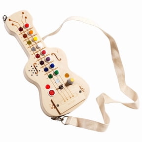 Wooden Busy Board Toy, Guitar Shape Learning Activity Panel, LED Light Melody Sensory Board, Early Education Skill Development Toy, Interactive Travel Activity Set