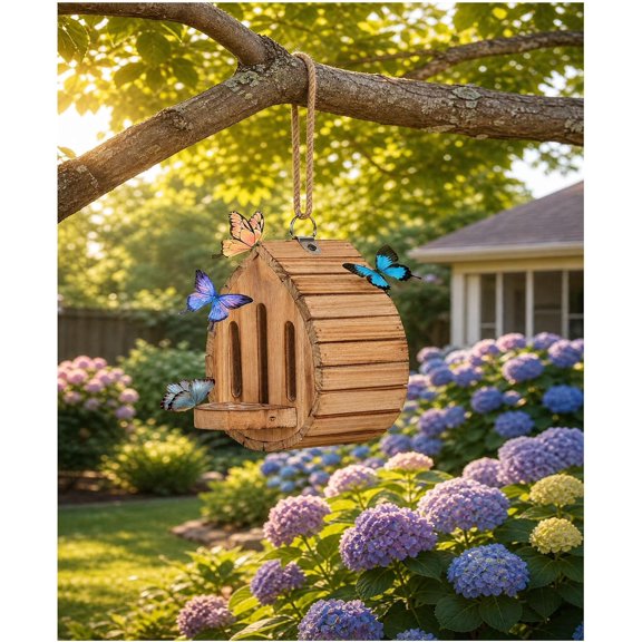 Wooden Butterfly House and Feeder; Butterfly roosting and Nesting Box Suitable for Hanging in Outdoor Gardens; Features an openable Back Door; Multifunctional Insect House.