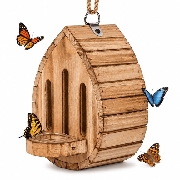 Wooden Butterfly House with Feeder for Outdoors, Hanging Butterfly Habitat & Shelter for Garden, Pollinator House for Butterfly Watching, Natural Garden Decor (Wood*1pc)